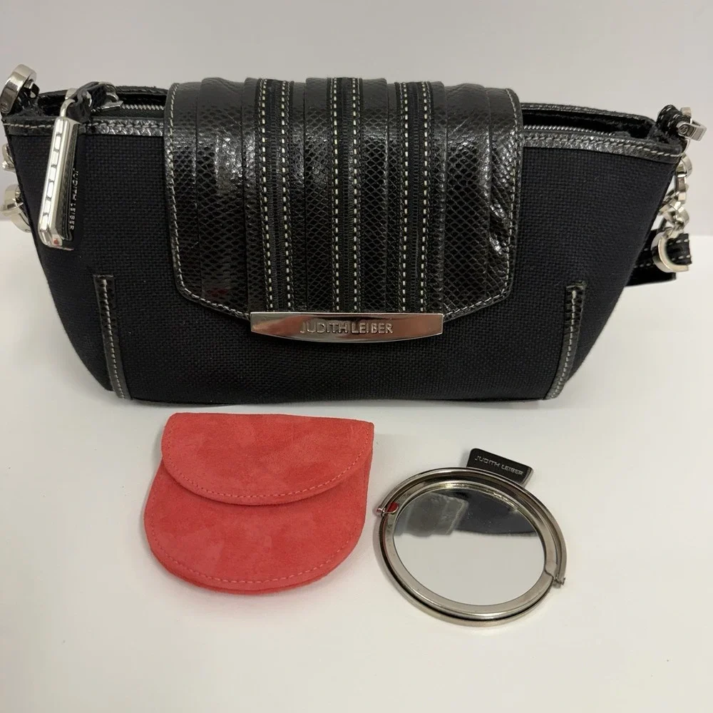 Judith Leiber Snakeskin and Fabric Purse Black Crystals Trim Mirror Change Pouch